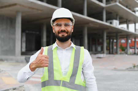 Confident construction engineer wearing a hard hat and safety vest, doing a thumbs up gesture,...