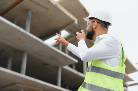 Engineer wearing hard hat and safety vest, holding two way radio, pointing at ongoing building constructionの写真素材