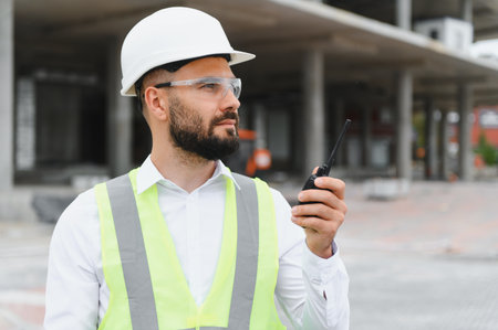 Builder or architect wearing hard hat and safety vest, observing work at a building site, communicating with walkie talkieの写真素材
