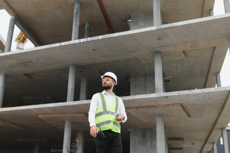 Male construction worker or architect wearing hard hat and safety vest, holding blueprints at...