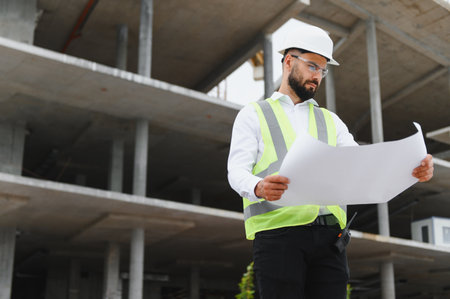 Engineer man reviewing building plans at a construction site, ensuring project progress and safety while wearing protective gearの写真素材