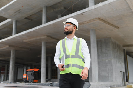Engineer wearing safety vest and hard hat, holding a tablet, inspecting a building construction site