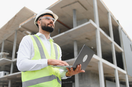 Engineer or architect checking plans on laptop at building construction site, wearing hard hat and safety vestの写真素材