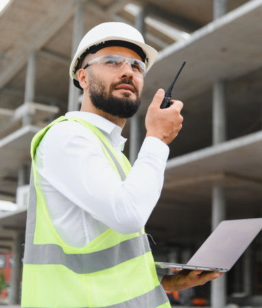Engineer wearing hard hat and safety vest, holding a walkie talkie and laptop, communicating on a...