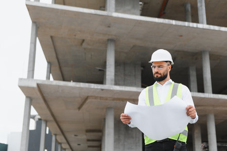 Professional man in hard hat and safety vest reviewing blueprints at an unfinished concrete building. Supervising real estate projectの写真素材