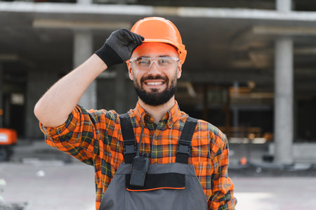 Builder wearing hard hat and safety glasses, standing confident at a new building site looking at cameraの写真素材