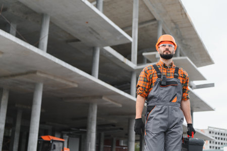 Builder or foreman wearing safety hard hat and glasses, carrying a toolkit while standing at a new concrete construction siteの写真素材
