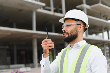 Professional architect or engineer communicating with walkie talkie at an outdoor building construction siteの写真素材