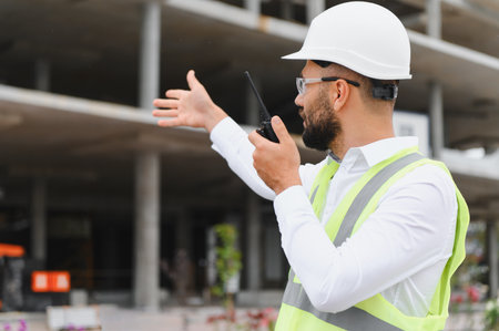 Engineer or architect inspecting a building under construction, wearing hard hat and safety vest, using a walkie talkieの写真素材