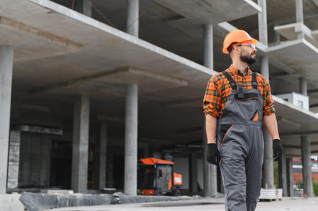 Construction worker in overalls and hard hat standing on a modern building construction site, looking awayの写真素材