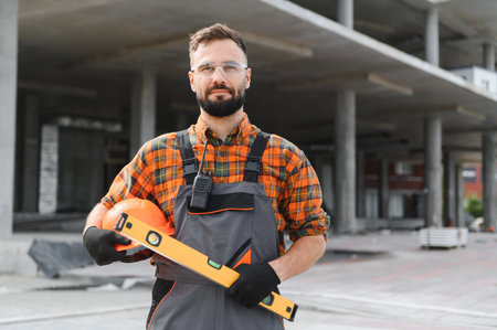 Male construction worker posing at building site, holding safety hard hat and level tool, ready for...