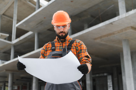 Worker in hard hat and safety glasses reviewing building plans, overseeing project development at an unfinished construction siteの写真素材