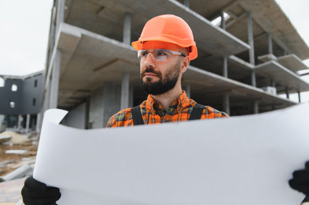Construction worker wearing a hard hat and safety glasses, holding a blueprint at a construction...