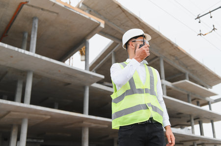 Construction worker wearing hard hat and safety vest, communicating with walkie talkie at a building...