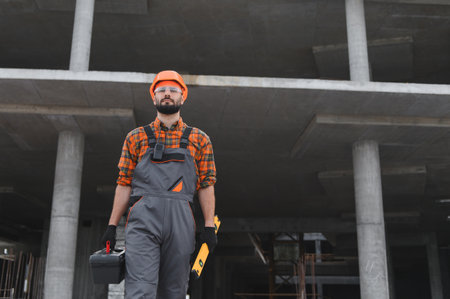 Builder wearing hard hat and safety glasses carrying a toolbox and level, standing at a concrete construction siteの写真素材