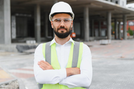 Professional engineer or architect wearing hard hat and safety vest, looking at camera at a...