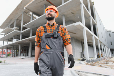 Construction worker wearing hard hat, safety glasses, and overalls walking at an unfinished building projectの写真素材
