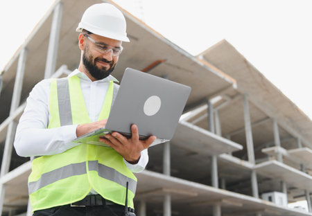 Professional engineer or architect reviewing plans on laptop, standing at a building construction site. Safety conceptの写真素材