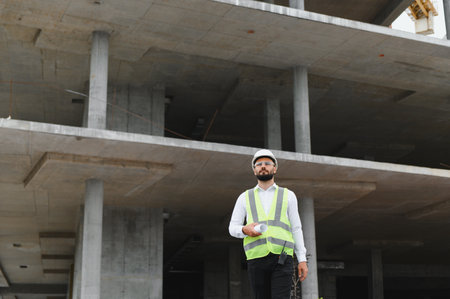 Engineer or architect man wearing hard hat and safety vest, holding blueprint, inspecting building construction siteの写真素材