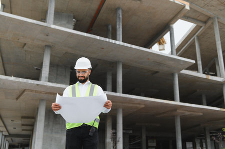 Male engineer wearing hard hat and safety vest, checking blueprints at an active building construction site, working on a projectの写真素材