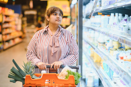Young Indian woman pushing shopping cart and choosing groceries in supermarket refrigerator sectionの写真素材