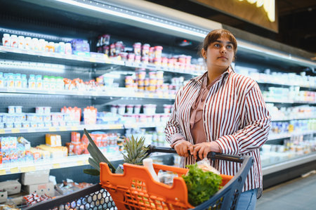 Young Indian woman pushing a shopping cart while selecting fresh food in the dairy section of a bustling grocery storeの写真素材