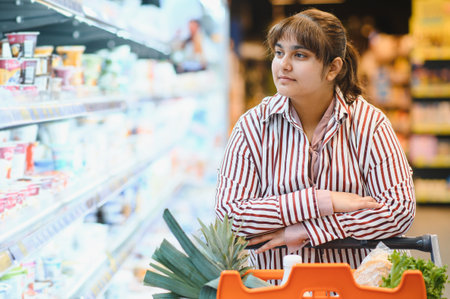 Young Indian woman doing grocery shopping at supermarket, choosing food, leaning on a shopping cart...