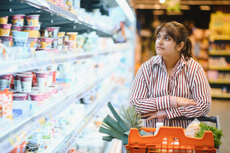 Young Indian woman shopping for groceries, leaning on a shopping cart full of fresh produce, looking at refrigerated dairy products in a supermarketの写真素材
