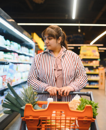 Focused Indian woman pushing a shopping cart and selecting fresh food items while navigating the aisles of a bustling grocery storeの写真素材
