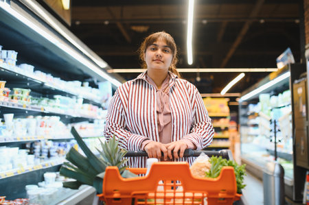 Young Indian woman pushing a shopping cart brimming with fresh groceries while navigating the aisles of a busy supermarketの写真素材