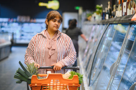 Young Indian woman pushing shopping cart and choosing frozen food in refrigerated section of grocery...