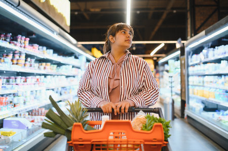 Young Indian woman pushing a shopping cart through the grocery store, selecting fresh produce and nutritious food items for her mealsの写真素材