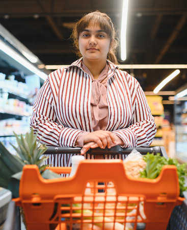 Confident Indian woman pushing a shopping cart filled with fresh groceries while navigating the aisles of a modern supermarketの写真素材
