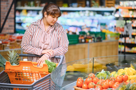 Young Indian woman selecting fresh vegetables while grocery shopping in a vibrant supermarket,...