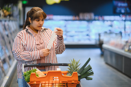 Young Indian woman pushing a shopping cart while checking her grocery receipt in a bustling supermarket, managing her budget and expensesの写真素材