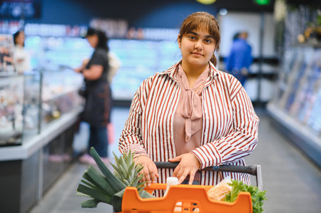 Young Indian woman pushing a shopping cart full of fresh produce while grocery shopping in a supermarketの写真素材