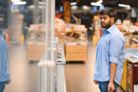Young Indian man shopping for groceries, choosing frozen food products from a refrigerated display case in a brightly lit supermarketの写真素材