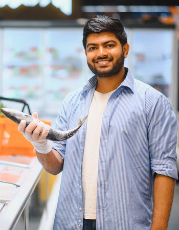 Young fishmonger wearing gloves showing fresh mackerel while smiling in supermarket seafood sectionの写真素材