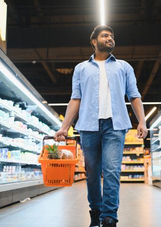 Young Indian man carrying a shopping basket while strolling through the grocery store aisle, selecting fresh produce and healthy optionsの写真素材