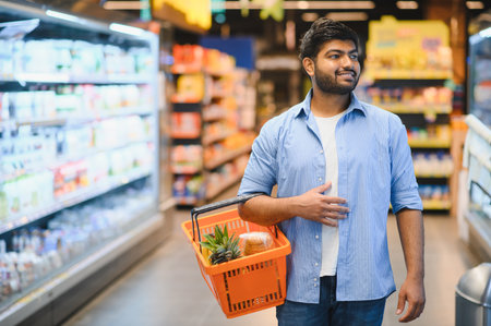 Young Indian man carrying shopping basket while walking through grocery store aisles, choosing fresh produceの写真素材