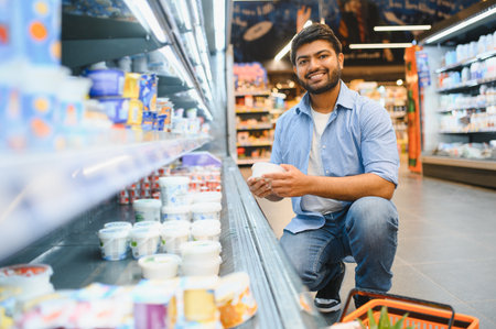 Young Indian customer smiling, crouching and choosing a yogurt inside a refrigerator supermarketの写真素材