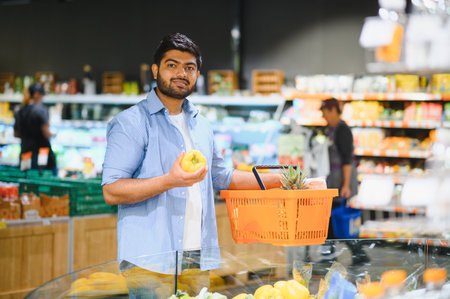 Customer holding a vibrant yellow bell pepper while carrying a shopping basket, browsing for fresh groceries in a bustling supermarketの写真素材