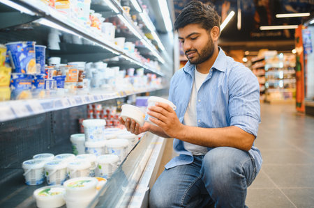 Young Indian man comparing two yogurt containers while crouching in the refrigerated dairy section of a grocery storeの写真素材