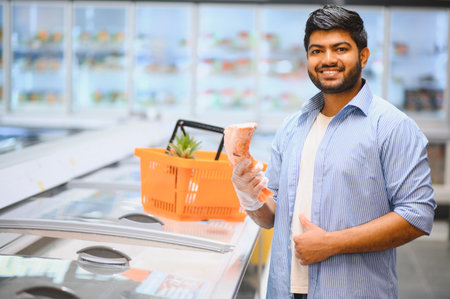 Young Indian man wearing plastic gloves, selecting frozen meat from a supermarket refrigerator, enjoying a confident shopping experienceの写真素材