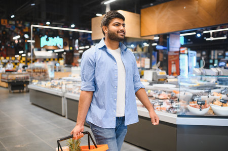 Smiling indian customer carrying basket while walking through grocery store aisle, choosing fresh productsの写真素材