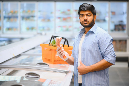 Young Indian man wearing plastic glove choosing frozen food from a refrigerator in a grocery storeの写真素材
