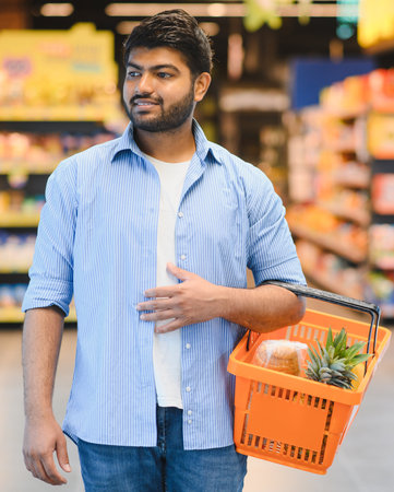 Customer carrying shopping basket while walking through grocery store aisles, choosing fresh produce and other productsの写真素材