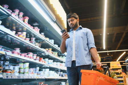 Focused young Indian man using a smartphone while carrying a shopping basket in a supermarket, checking his grocery list or comparing pricesの写真素材