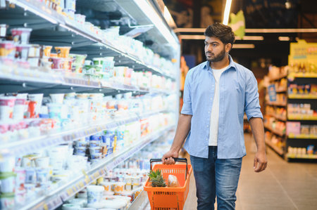 Focused customer selecting dairy products in grocery store, holding shopping basket with pineapple and breadの写真素材