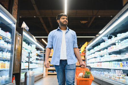 Young Indian man carrying shopping basket while walking through supermarket aisles, choosing productsの写真素材